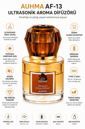 Auhma AF-13 120ml Şarjlı Ultrasonik Araç Koku Difüzörü Sarı Ambiyans Işıklı Forest Esans Aroma Yayıcı