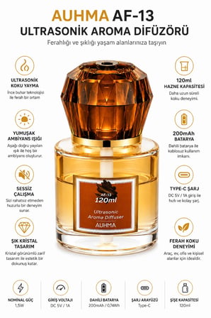 Auhma AF-13 120ml Şarjlı Ultrasonik Araç Koku Difüzörü Sarı Ambiyans Işıklı Blue Tea Esans Aroma Yayıcı