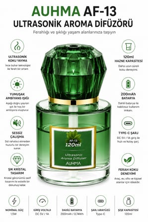 Auhma AF-13 120ml Şarjlı Ultrasonik Araç Koku Difüzörü Yeşil Ambiyans Işıklı Blue Tea Esans Aroma Yayıcı