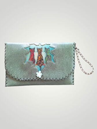 Vegan Deri Portföy/Clutch Kedili Tasarım Çanta - Yeşil Renk - Boyutları 17/26