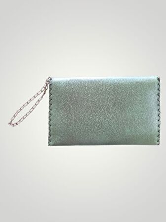 Vegan Deri Portföy/Clutch Kedili Tasarım Çanta - Yeşil Renk - Boyutları 17/26