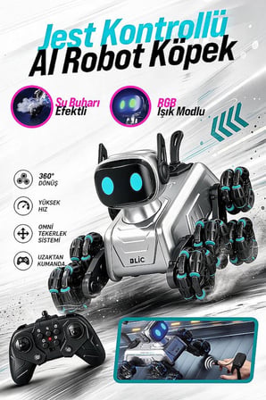 Bagajon BRB2 AI Akıllı Robot Köpek 2.4GHz Uzaktan Kumandalı Jest ve Ses Kontrollü 360° Akrobatik RGB Işıklı Buhar Efektli Şarjlı Oyuncak