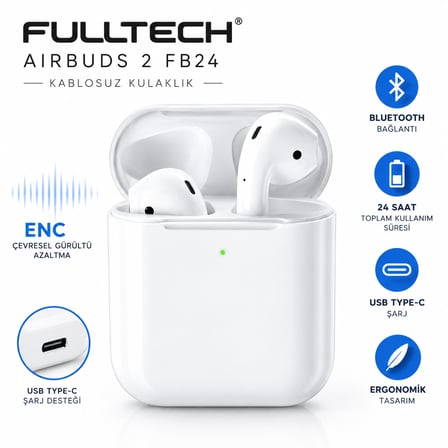 Fulltech Airbuds 2 FB24 Bluetooth Kablosuz Kulaklık ENC Gürültü Azaltma 24 Saat Kullanım Type-C Şarj – Beyaz