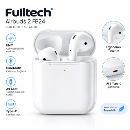 Fulltech Airbuds 2 FB24 Bluetooth Kablosuz Kulaklık ENC Gürültü Azaltma 24 Saat Kullanım Type-C Şarj – Beyaz