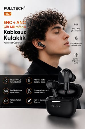 Fulltech FB27 ANC + ENC Gürültü Engellemeli Bluetooth 6.0 TWS Kablosuz Kulaklık Çift Mikrofon Düşük Gecikme – Siyah