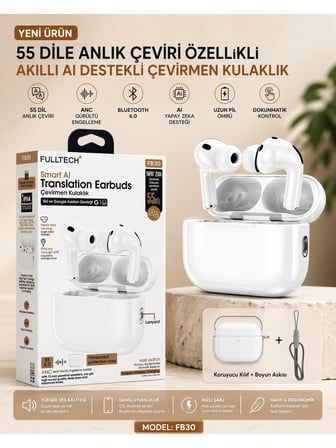 Fulltech FB30 ANC Bluetooth 6.0 Kulaklık 55 Dil AI Çeviri Kalp Atış Ölçümü Kablosuz Şarj IPX4 Kılıf Hediyeli