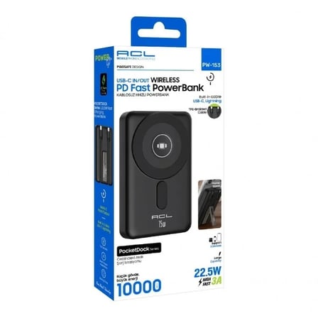 PW-153 10.000 mAh Powerbank 22.5W Hızlı Şarj 15W Kablosuz Şarj Type-C Lightning Kablolu Standlı