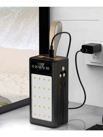 PW-85 30.000 mAh Powerbank LCD Göstergeli 4xUSB Dahili Type-C Lightning Kablolu 20 LED Fenerli Hızlı Şarj