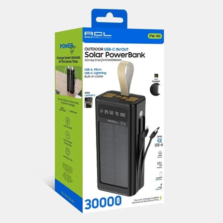 PW-90 30.000 mAh Solar Powerbank 22.5W Hızlı Şarj Type-C Lightning Micro USB Dahili Kablolu LCD Göstergeli LED Fenerli