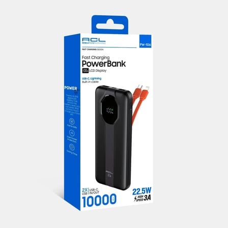 PW-106 10.000 mAh Powerbank 22.5W 3A Hızlı Şarj LCD Göstergeli Dahili Type-C Lightning Kablolu USB-C Giriş Çıkış Siyah