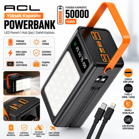 PW-125 50.000 mAh Solar Powerbank Güneş Enerjili Dahili Kablolu LED Fenerli Type-C USB Taşınabilir Şarj Cihazı