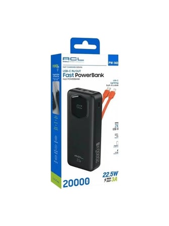 PW-140 20.000 mAh Powerbank 22.5W Hızlı Şarj 3A Dahili Type-C Lightning Kablolu Dijital Göstergeli 2 USB