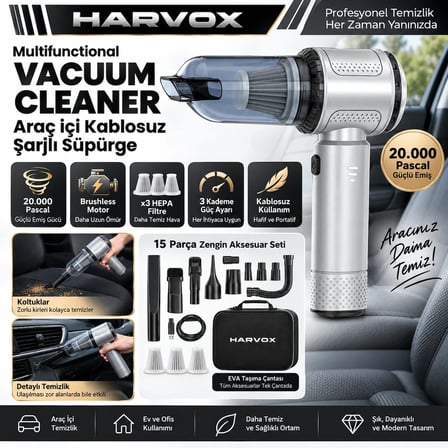 Harvox HXVC-008 20.000 Pa Kablosuz Araç Süpürgesi – 3 Kademeli Brushless Motor, Üfleme & Şişirme