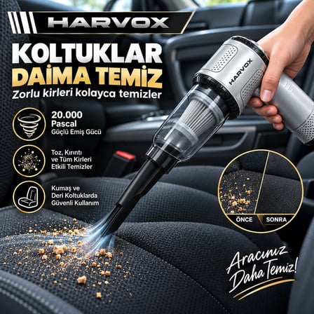 Harvox HXVC-008 20.000 Pa Kablosuz Araç Süpürgesi – 3 Kademeli Brushless Motor, Üfleme & Şişirme