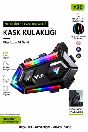 Blic Y20 Motosiklet Kask Intercom Bluetooth 5.3 – 1000 mAh, IPX6 Su Geçirmez, 16 Mod Işıklı, Type-C