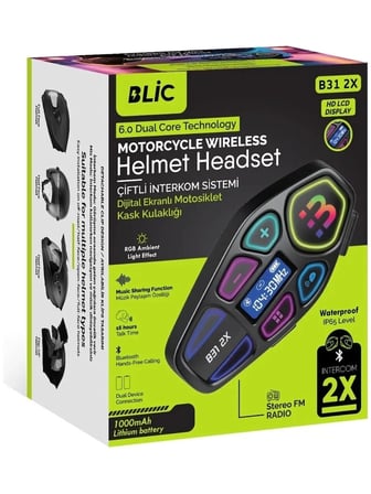Blic B31 2X Motosiklet Kask İnterkom – 2'li Eşleşme, Bluetooth, LCD Ekran, FM Radyo, RGB Işık, 1000mAh, IP65