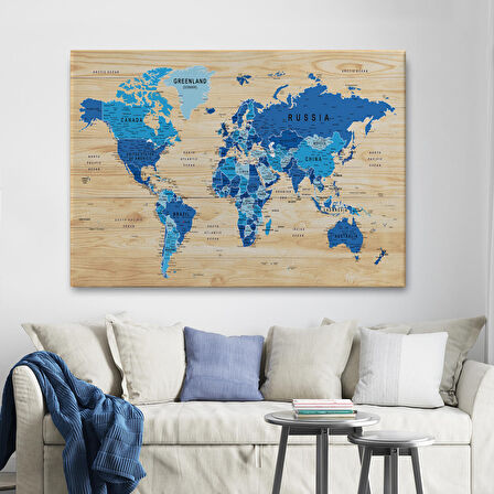 Harita Sepeti Ahşap Görünümlü Dünya Haritası Ayrıntılı ve Dekoratif Kanvas Tablo 1788