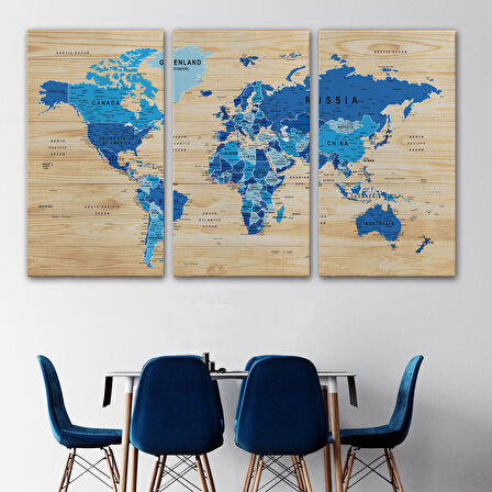 Harita Sepeti Ahşap Görünümlü Dünya Haritası Ayrıntılı ve Dekoratif Kanvas Tablo 1788