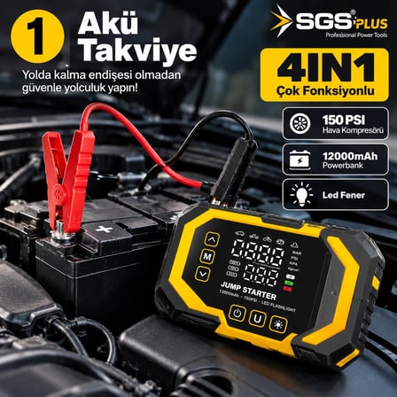 SGS Plus 4'ü 1 Arada Akım Korumalı Akü Takviye Cihazı – 12.000 mAh Powerbank, 150 PSI Lastik Şişirme, LED Fener