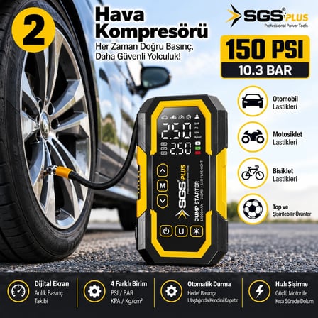 SGS Plus 4'ü 1 Arada Akım Korumalı Akü Takviye Cihazı – 12.000 mAh Powerbank, 150 PSI Lastik Şişirme, LED Fener