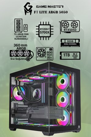 Game Master F7 Lite ARGB RTX5050 Ryzen 7 5700X CPU 32GB DDR4 RAM 1TB M.2 SSD RTX5050 7x ARGB Fanlı Gaming PC