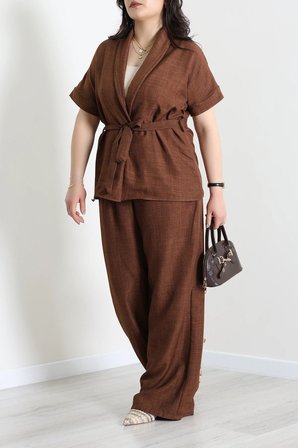 Modi Green Büyük Beden Keten Kumaş Kimono Takım Kahve - 71728.2034.