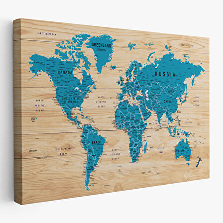 Harita Sepeti Ahşap Görünümlü Dünya Haritası Ayrıntılı ve Dekoratif Kanvas Tablo 1789