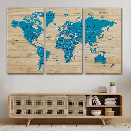 Harita Sepeti Ahşap Görünümlü Dünya Haritası Ayrıntılı ve Dekoratif Kanvas Tablo 1789