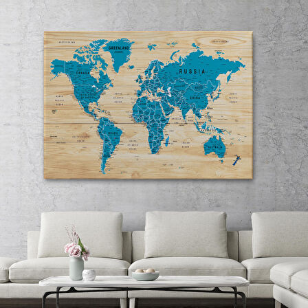 Harita Sepeti Ahşap Görünümlü Dünya Haritası Ayrıntılı ve Dekoratif Kanvas Tablo 1789