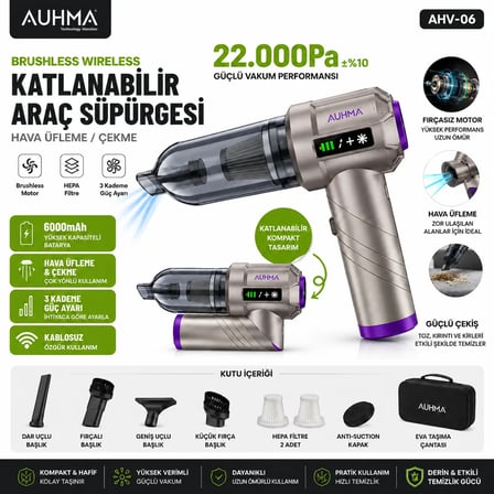 AUHMA AHV-06 22.000Pa 6000mAh Kablosuz Araç Süpürgesi Brushless Motor Katlanabilir Üfleme Çekme 3 Kademeli Gri-Mor