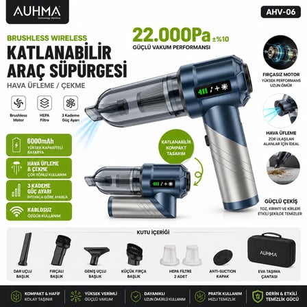 AUHMA AHV-06 22.000Pa 6000mAh Kablosuz Araç Süpürgesi Brushless Motor Katlanabilir Üfleme Çekme 3 Kademeli Gri-Mavi