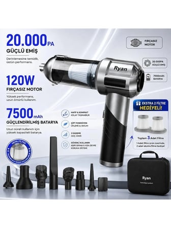 Bagajon Ryan 20.000 Pa 7.500 mAh Katlanabilir Araç Süpürgesi – 120W Fırçasız Motor, Üfleme & Vakum, Çantalı