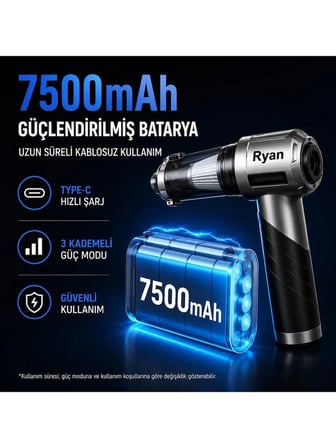 Bagajon Ryan 20.000 Pa 7.500 mAh Katlanabilir Araç Süpürgesi – 120W Fırçasız Motor, Üfleme & Vakum, Çantalı