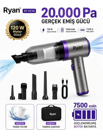 Bagajon Ryan 20.000 Pa 7.500 mAh Araç Süpürgesi – 120W Fırçasız Motor, Üfleme & Vakum, Çantalı