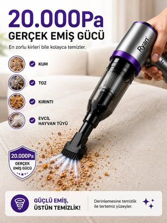 Bagajon Ryan 20.000 Pa 7.500 mAh Araç Süpürgesi – 120W Fırçasız Motor, Üfleme & Vakum, Çantalı