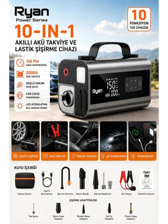 Bagajon Ryan RY-P10 2000A Süpürgeli Akü Takviye + 150 PSI Lastik Şişirme 10'u 1 Arada – Üfleme, Powerbank, LED Fener