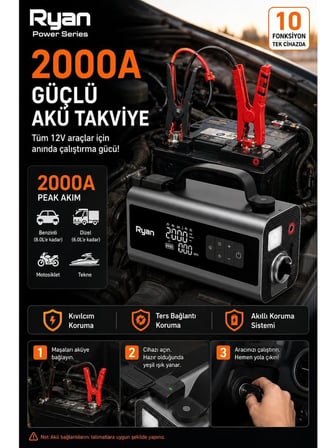 Bagajon Ryan RY-P10 2000A Süpürgeli Akü Takviye + 150 PSI Lastik Şişirme 10'u 1 Arada – Üfleme, Powerbank, LED Fener
