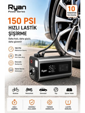 Bagajon Ryan RY-P10 2000A Süpürgeli Akü Takviye + 150 PSI Lastik Şişirme 10'u 1 Arada – Üfleme, Powerbank, LED Fener