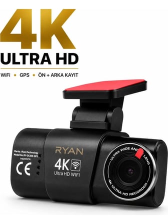 Bagajon Ryan Yapay Zeka Destekli 4K Ön 1080P Arka Araç Kamerası – WiFi GPS, Gece Görüşü, G-Sensor, Park Kiti Hediye