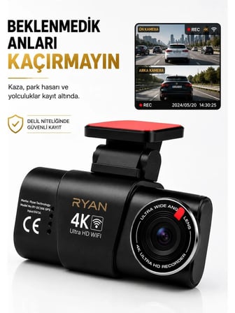 Bagajon Ryan Yapay Zeka Destekli 4K Ön 1080P Arka Araç Kamerası – WiFi GPS, Gece Görüşü, G-Sensor, Park Kiti Hediye