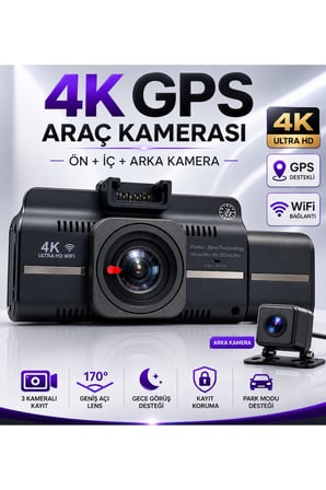 Bagajon Ryan Yapay Zeka Destekli 4K 3 Kameralı Araç Kamerası – Ön + İç + Arka Kayıt, WiFi, 24 Saat Park Kayıt Kiti Hediye