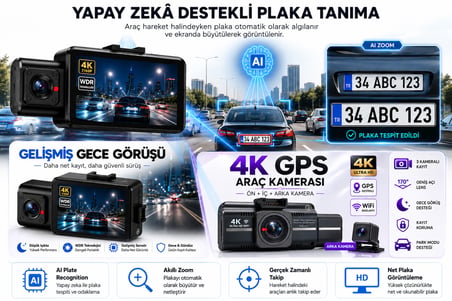 Bagajon Ryan Yapay Zeka Destekli 4K 3 Kameralı Araç Kamerası – Ön + İç + Arka Kayıt, WiFi, 24 Saat Park Kayıt Kiti Hediye