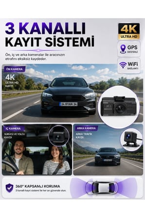 Bagajon Ryan Yapay Zeka Destekli 4K 3 Kameralı Araç Kamerası – Ön + İç + Arka Kayıt, WiFi, 24 Saat Park Kayıt Kiti Hediye