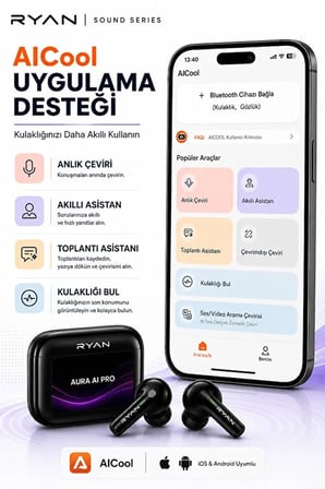 Ryan Aura AI Pro Yapay Zeka Destekli Çeviri Kulaklığı – 100+ Dil Anlık Çeviri, Akıllı Ekran, ANC, Bluetooth 6.0