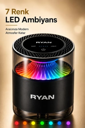 Ryan Cloud Mist Pro Akıllı Araç İçi Koku Difüzörü – Nano Mist, 360° Koku Yayılımı, 7 Renk LED, 800 mAh, 2 Kartuşlu