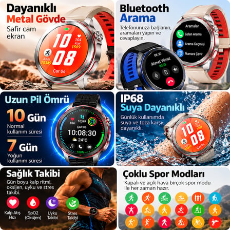 Kalobee SK58 Premium Akıllı Saat 1.53” – Bluetooth Arama & Çağrı Cevaplama, AI Sesli Asistan, Kalp Ritmi, Uyku ve Spor Takibi, IP68-Mavi