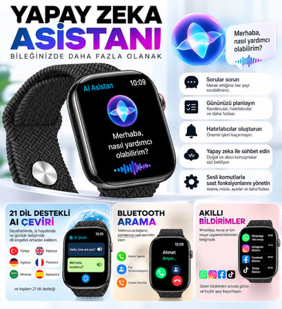 HK12 Pro AI Akıllı Saat 2.02” AMOLED Ekran, Yapay Zeka, 21 Dil Çeviri, Bluetooth Arama, WhatsApp, Kablosuz Şarj Siyah