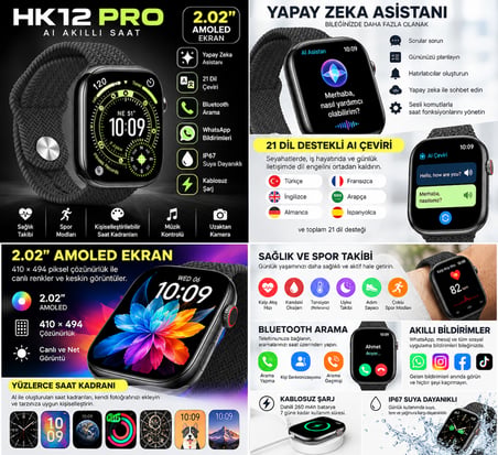 HK12 Pro AI Akıllı Saat 2.02” AMOLED Ekran, Yapay Zeka, 21 Dil Çeviri, Bluetooth Arama, WhatsApp, Kablosuz Şarj Siyah