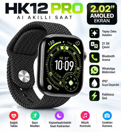 HK12 Pro AI Akıllı Saat 2.02” AMOLED Ekran, Yapay Zeka, 21 Dil Çeviri, Bluetooth Arama, WhatsApp, Kablosuz Şarj Gümüş