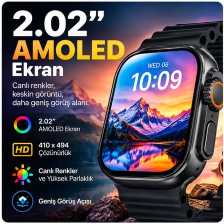 HK12 Ultra 4 AI Akıllı Saat 2.02” AMOLED, ChatGPT, 21 Dil AI Çeviri, WhatsApp Yanıtlama, Bluetooth Arama, IP67-Siyah